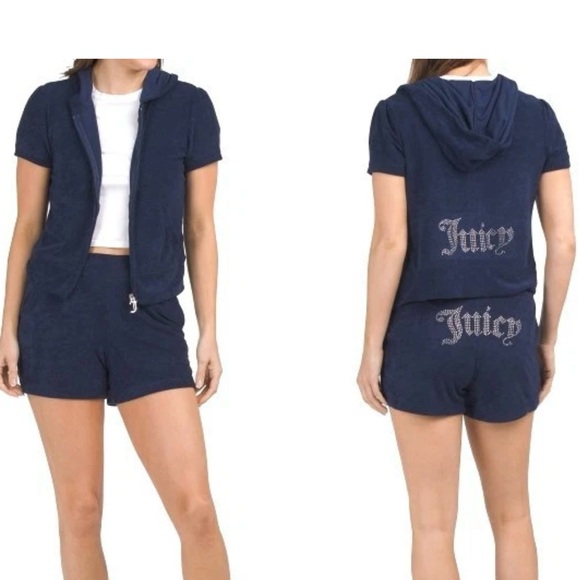 NWT Juicy Couture Dark Blue Hoodie and Shorts Ensemble Small - Picture 1 of 11